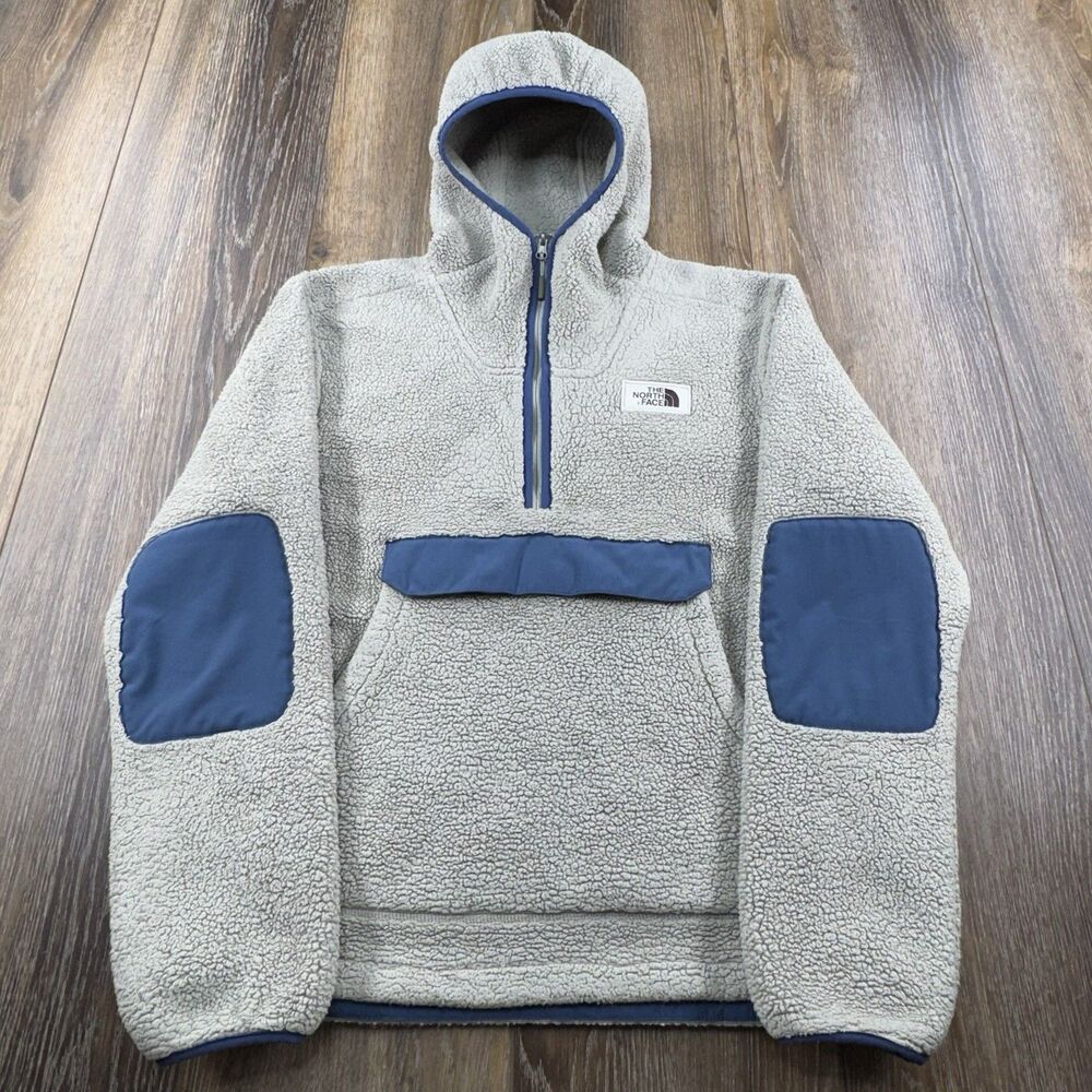 The North Face Campshire Anorak Hoodie Mens M Beige Sherpa Fleece Kangaroo Pouch